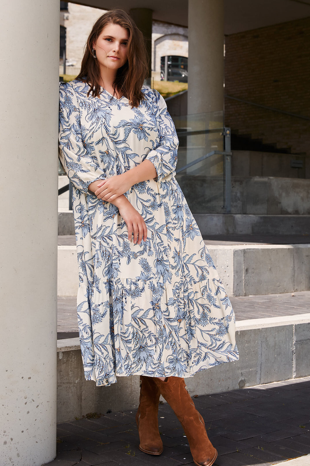 Que 38158 12 Blue Floral Print Dress with Sleeves - Experience Boutique