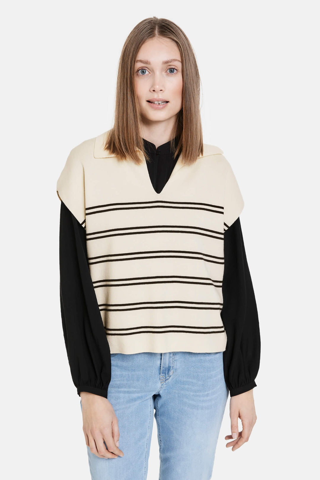 Taifun 372302 Beige Striped Knitted Tank Jumper - Experience Boutique